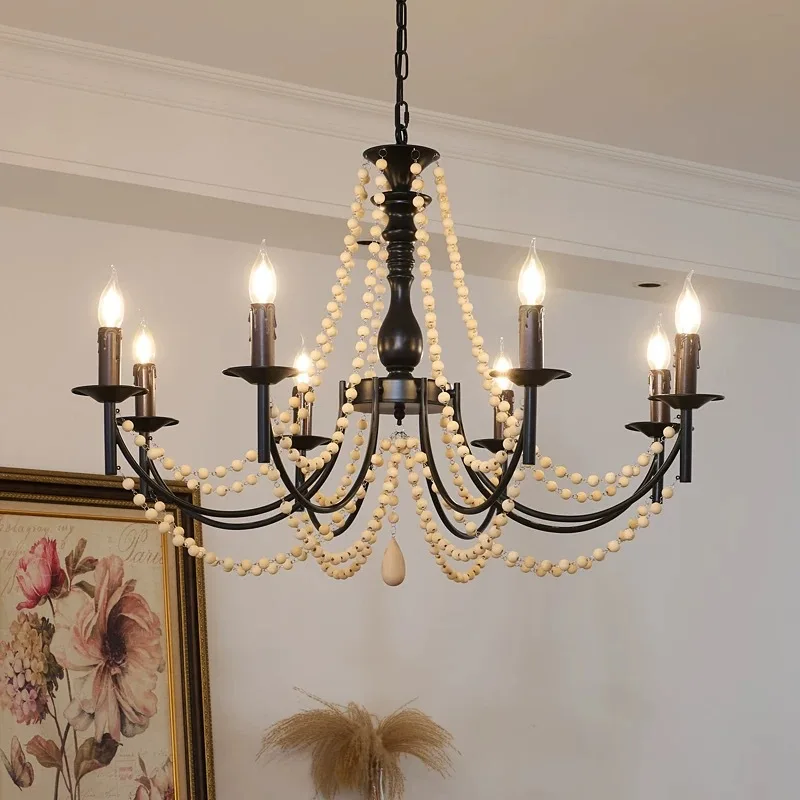 American Vintage Iron Chandelier For Living Room Home Decor French Romantic Black E14 Candle Iron Pendant Light With Wood Beads