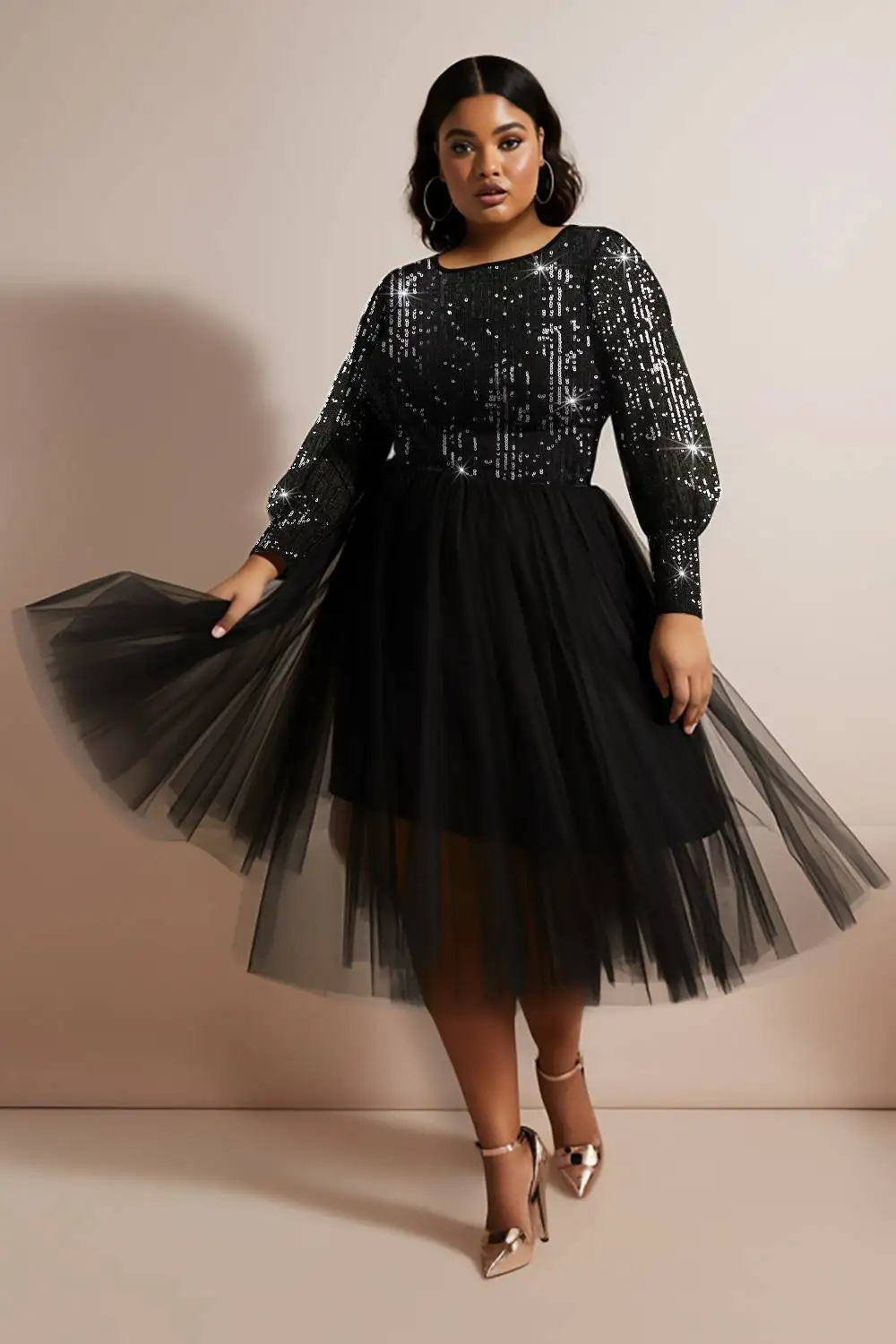 Plus Size Party Midi Kleider elegante schwarze Frühling Sommer Rundhals Laterne Ärmel Langarm Kontrast Pailletten Midi Kleider