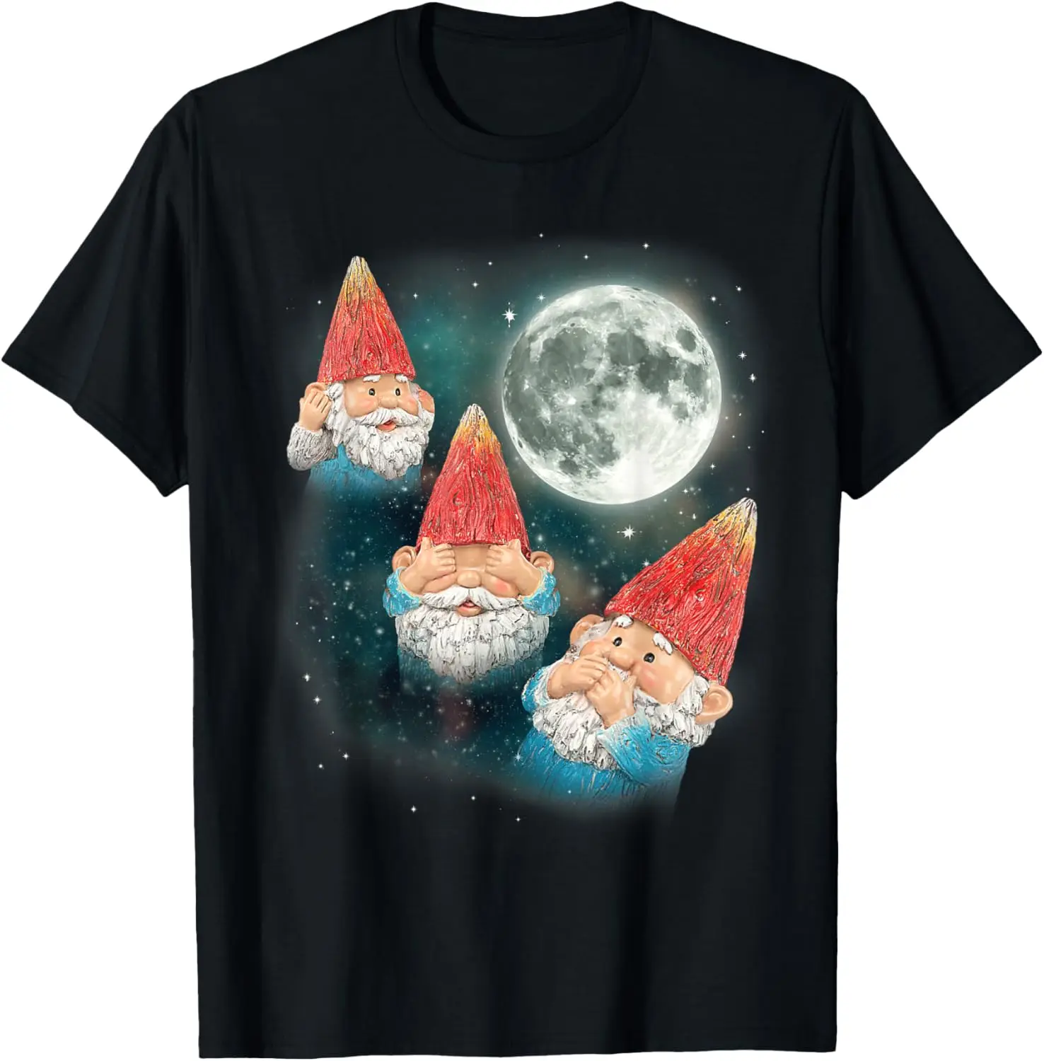 

Three Gnomes See No Evil Moon Galaxy Garden Gnome Graphic T-Shirt Men Casual Trip