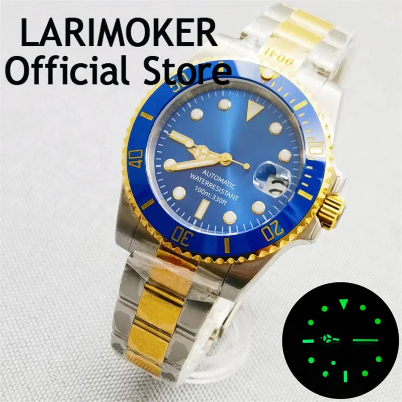 LARIMOKER 40mm Men Watch Two Tone Gold Case Self Winding  Sapphire Crystal NH35 PT5000 Movement blue DIal stainless steel  Strap