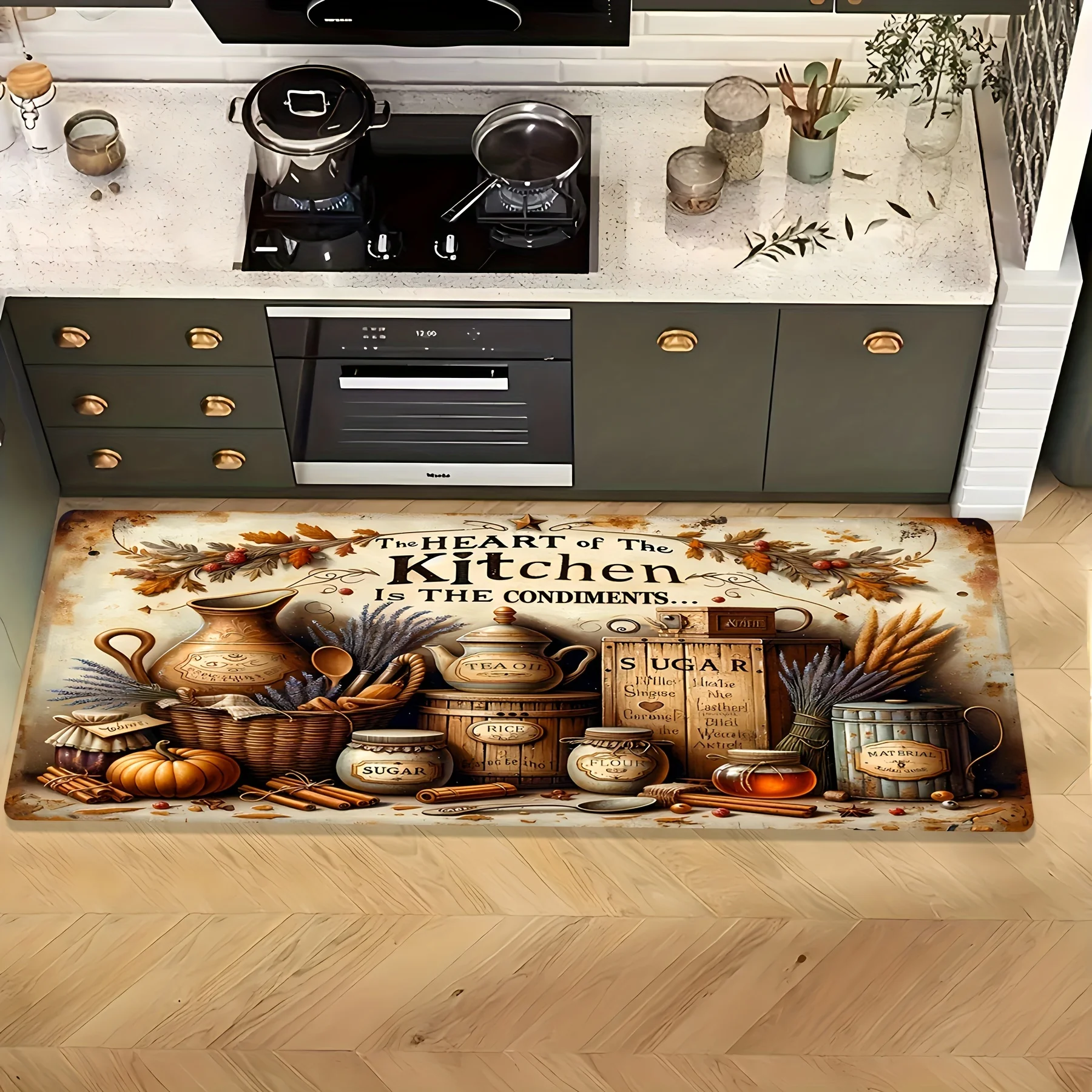 Farmhouse Vintage Spice Jar Pumpkin Lavender Runner Rug, Non-Slip Kitchen Rug for Kitchen, Living Room, Bathroom & Fall Holiday