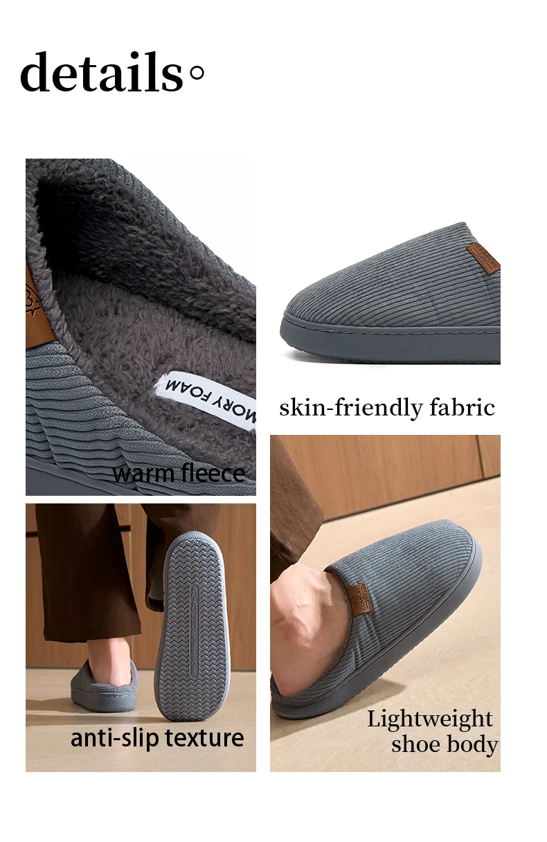 Corduroy-Hausschuhe für Herren, weiches Plüschfutter, Memory-Schaum-Einlegesohle, rutschfeste Gummisohle, gemütliche Hausschuhe für Herbst und Winter. – Detail 13