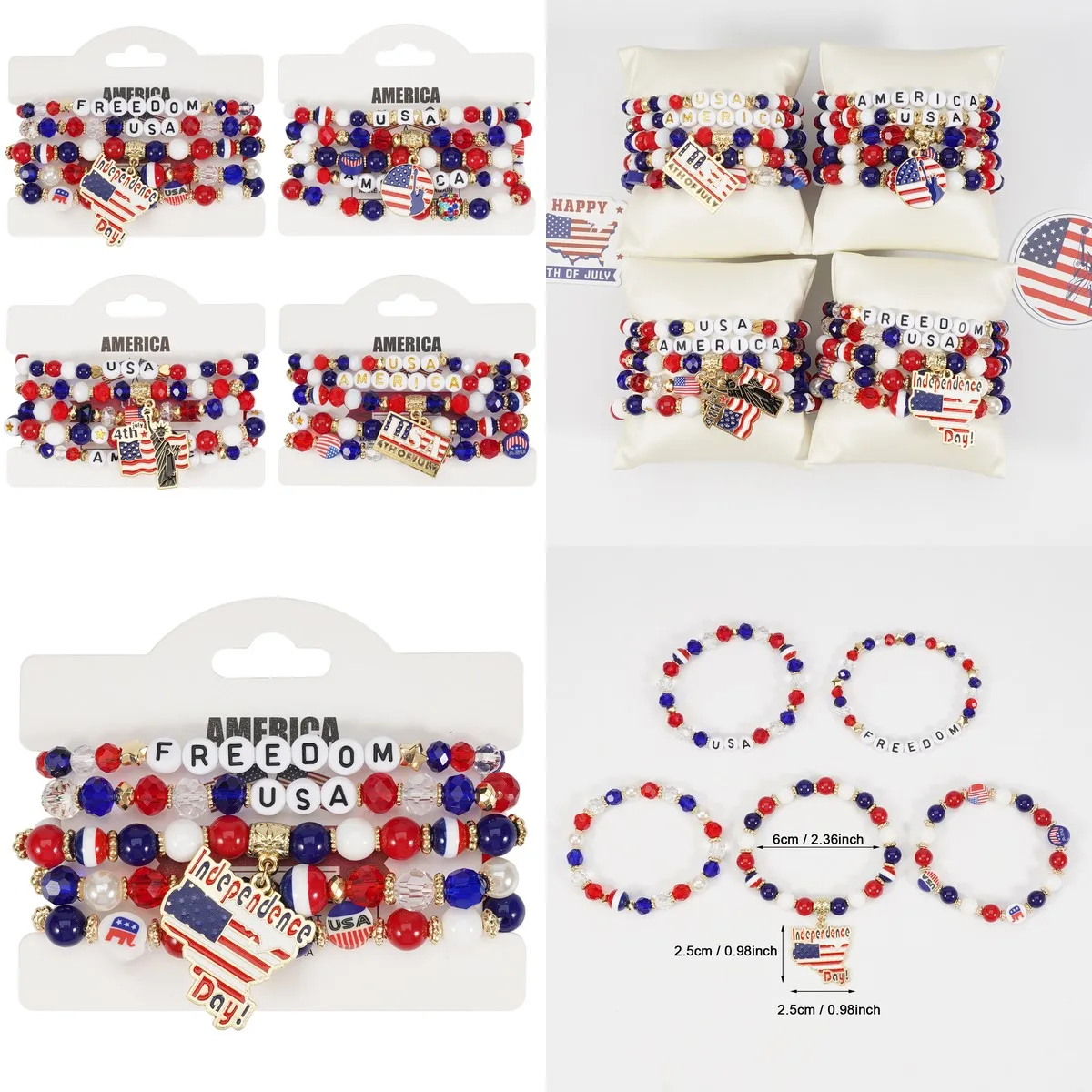 USA Flag Independence Day Bracelet for Men/Women – Red White Blue Beaded Wristband for Holiday Party, Vacation, 4th of July