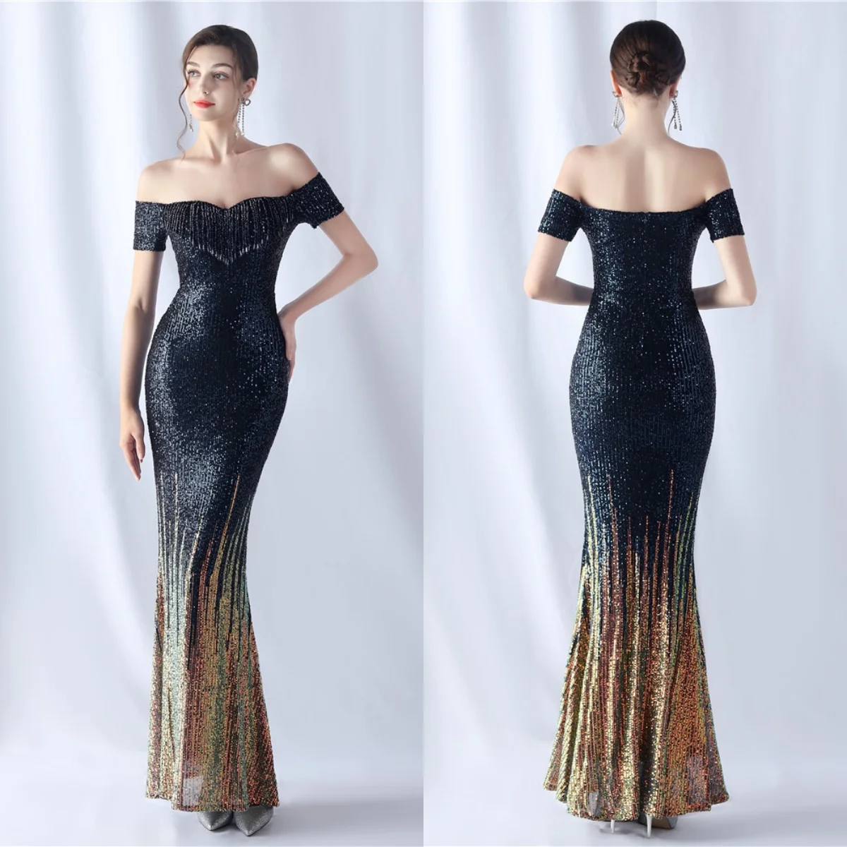 

Evening Dress Navy Blue Sequins Beads Stretchy Off the Shoulder Zipper Mermaid Trumpet Floor Length Lady Party Formal Gown YE342