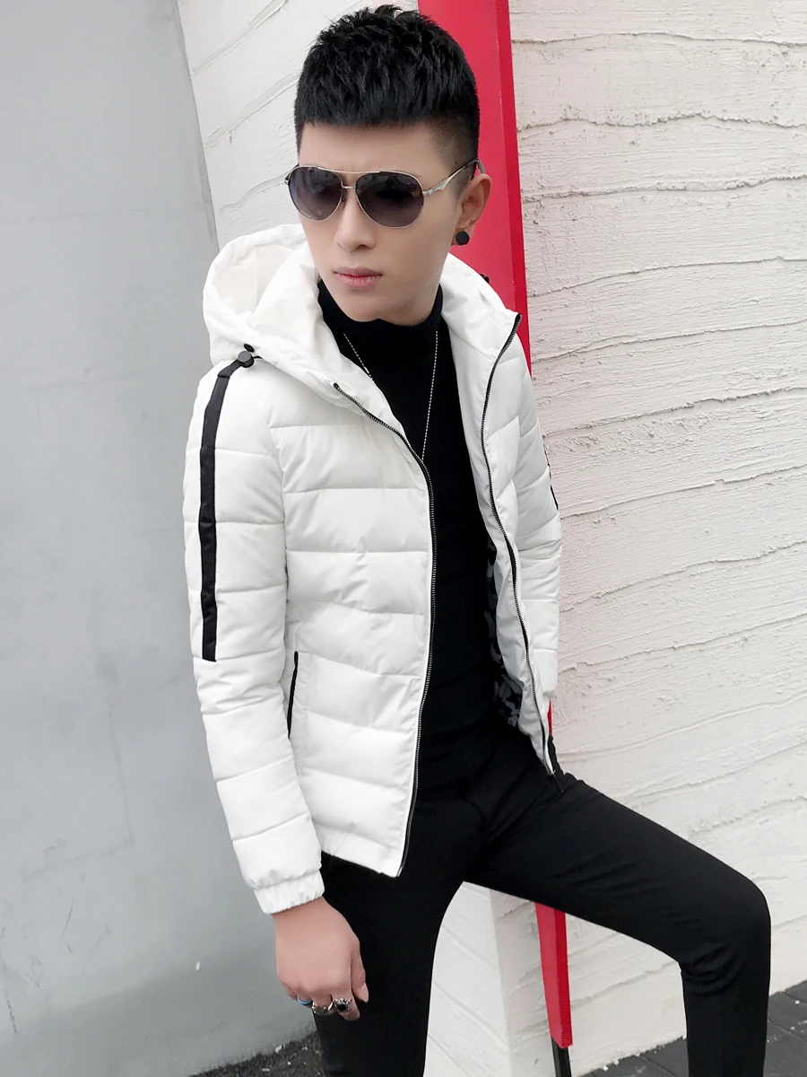 Casual Men's Cotton Jacket Winter Fashion Brand Slim Fit Hooded Youth Short Style Zipper Closure Warmth Lightweight Polyester