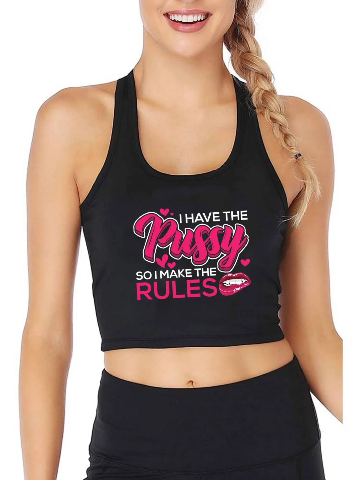 Pussy Rules Naughty Print Breathable Slim Fit Tank Top Women's Yoga Sports Workout Crop Tops Gym Vest