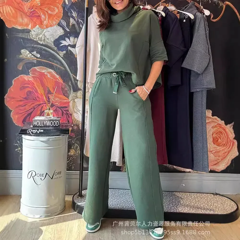 Women Spring Summer 2PCS Turtleneck Half Sleeve Top & Pocket Design Pants Set