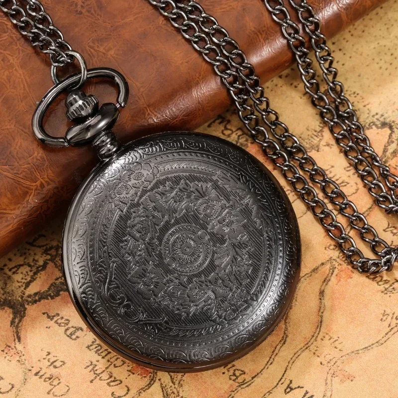 Bronze Engraved Flower Pocket Watch Shield Pattern Quartz Timepiece for Men Women Necklace Sweater Chain Reloj De Bolsillo Gift