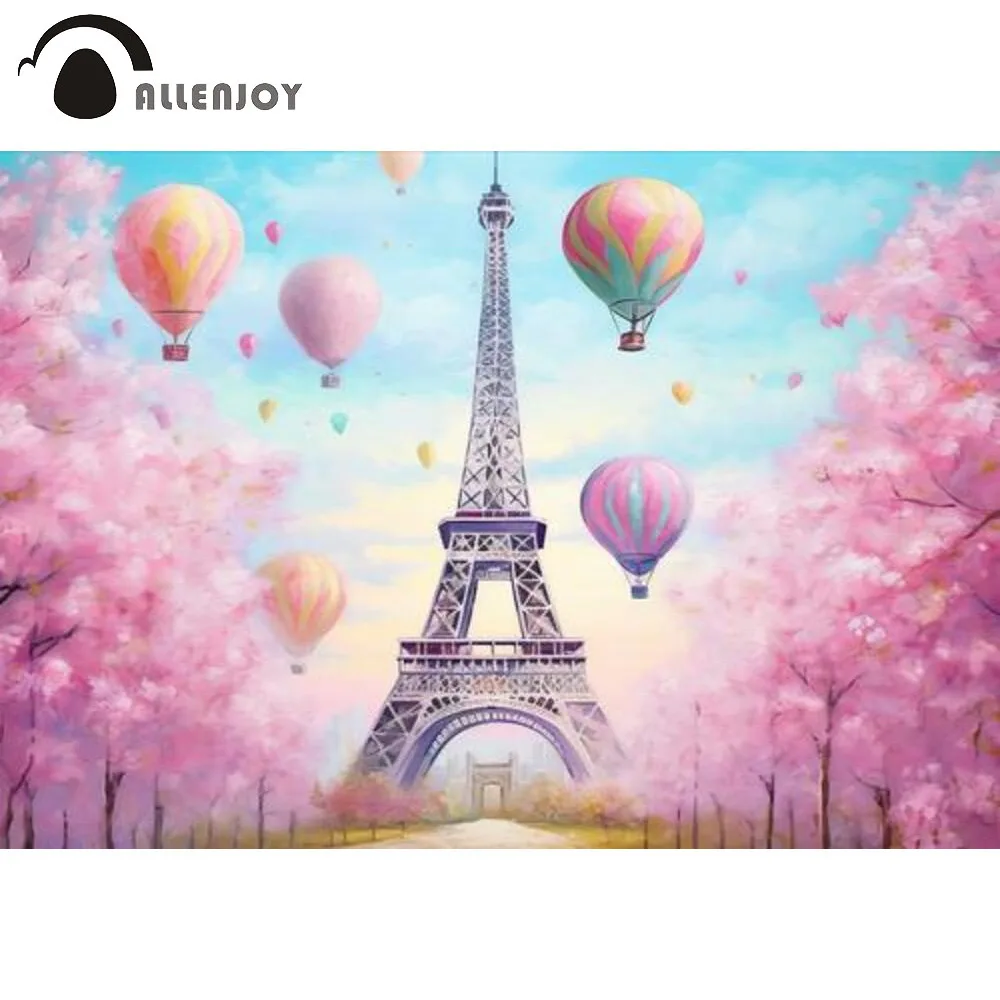 

Allenjoy Pink Flowers Eiffel Tower Photography Backdrop Romantic Cherry Blossoms with Air Balloons Photoshoot Background