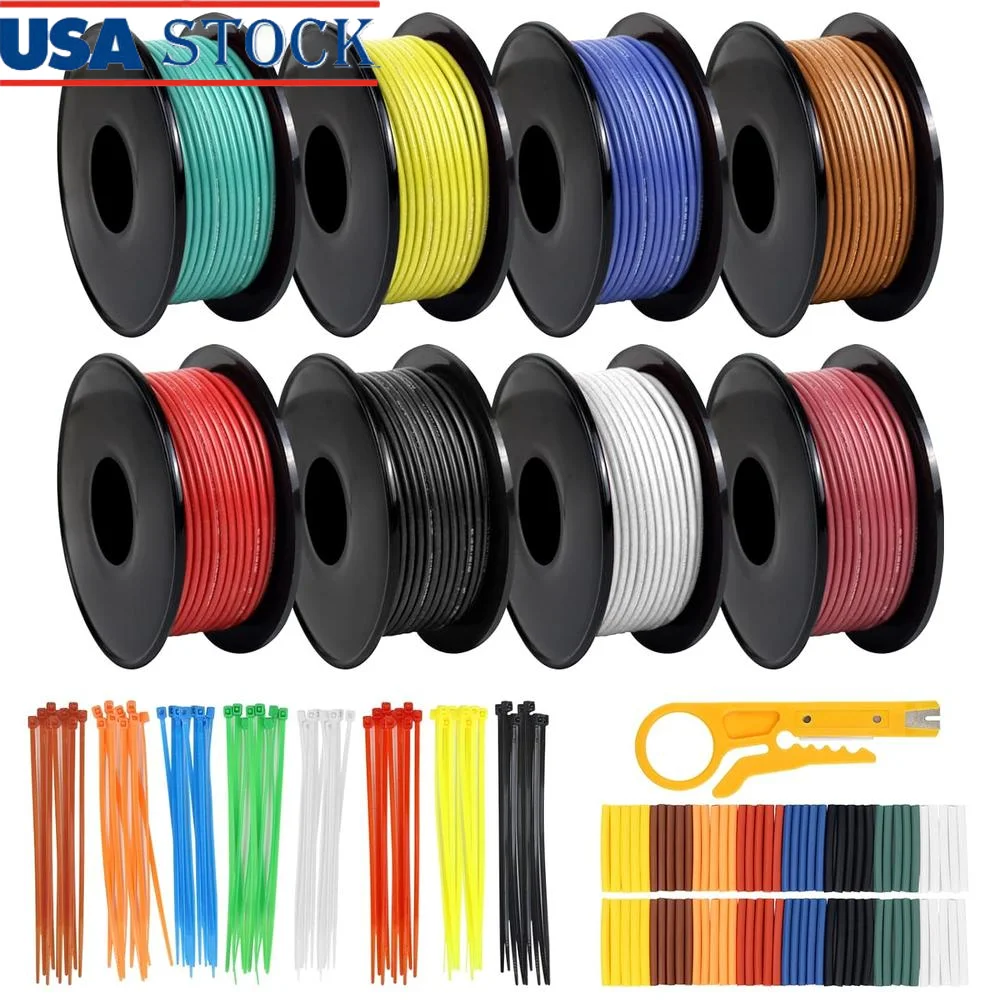 

20 AWG Silicone Stranded Wire 50ft Spool Tinned Copper Flexible Hook Up Wire Kit with Heat Shrink Tubing Wire Ties and Stripper