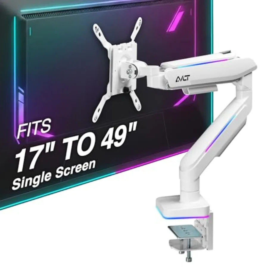 Gaming monitor arm for 17-49 flat/curved/ultrawide screens up to 44lbs, RGB lights, white aluminum alloy, height/swivel/tilt ad