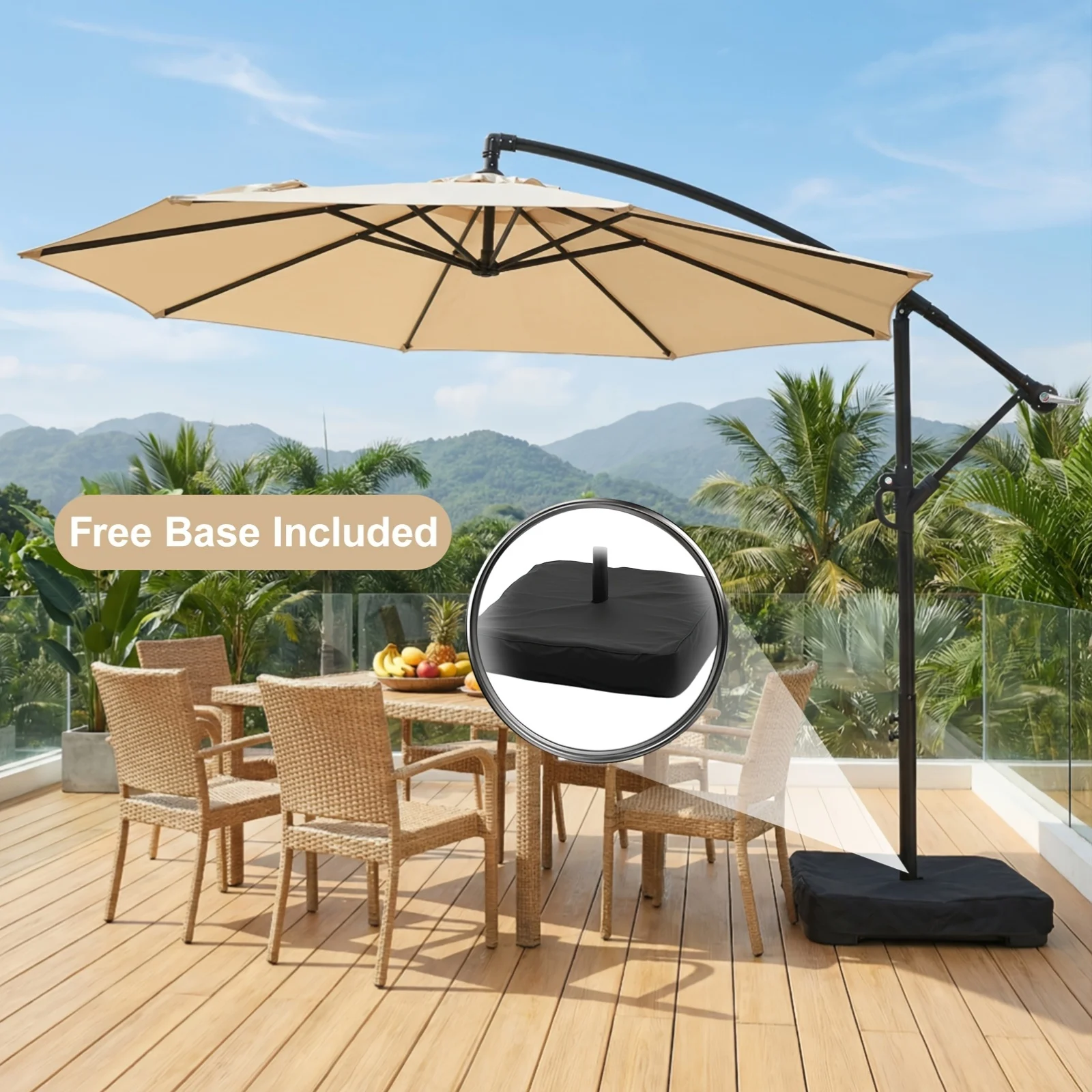 

10-Foot Patio Offset Umbrella with Base, Cantilever Hanging Market Umbrella for Outdoor Use, Featuring a Crank And Cross Bases,