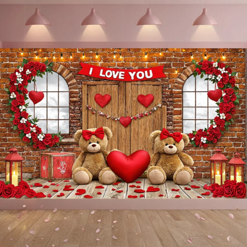 Valentinstag Banner Bär Rose Blume Liebe Herz Hintergrund Party Dekoration Valentinstag Indoor Outdoor Foto Prop Versorgung