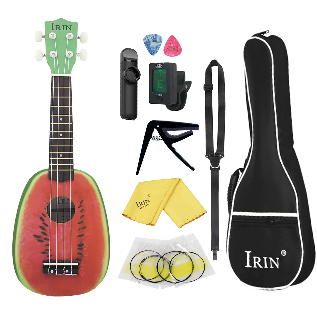 

21 Inch Ukulele Hawaiian Guitar Basswood Soprano Watermelon Ukulele 4 Strings Ukulele with Tuner Strap Capo Strings Accessories