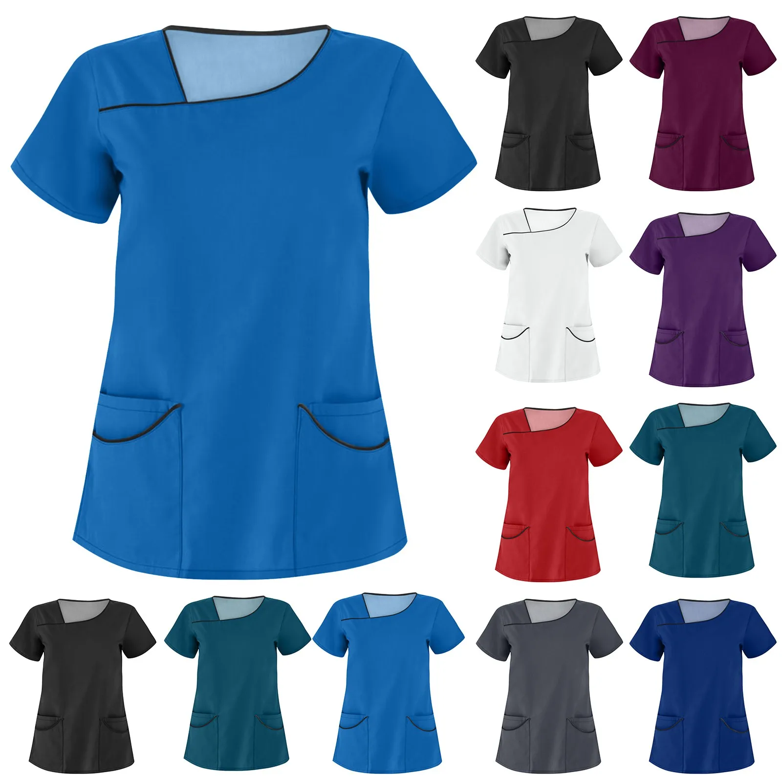 Women'S Solid Color Short Sleeved Work Clothes Nurse Work Clothes Summer T-Shirt Short Sleeved With Double Pocket Top