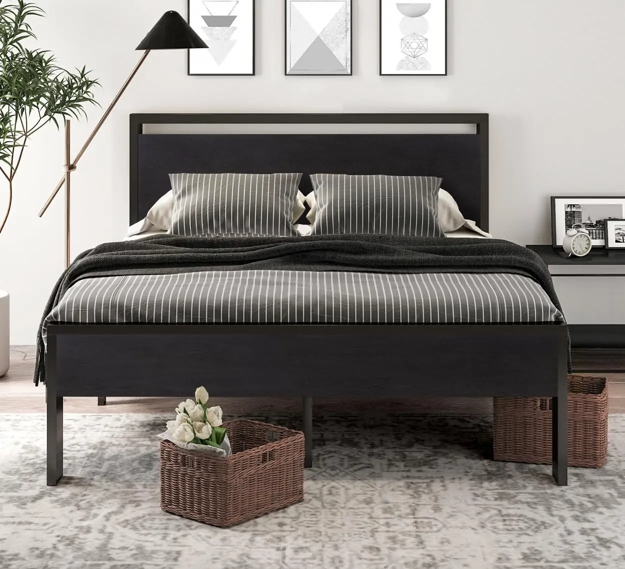 Metal Plataforma Cama Frame com Cabeceira De Madeira e Footboard, Fundação Colchão, No Box Primavera N, Queen Size