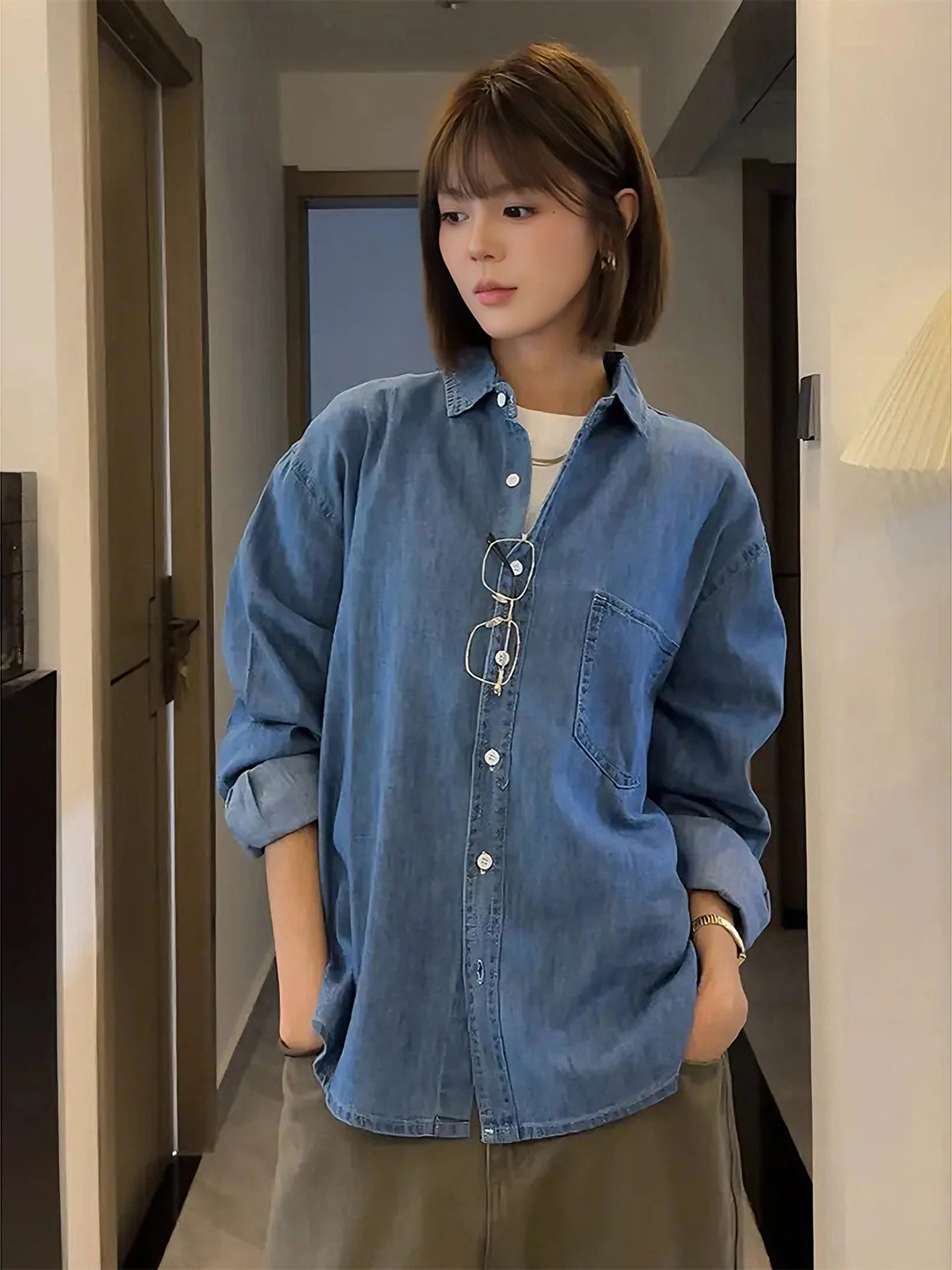 

Waed Blue Denim irt ex Spring College Sle Layering Workwear Jaet Loose Fit Casual Long Sve Youth Faion