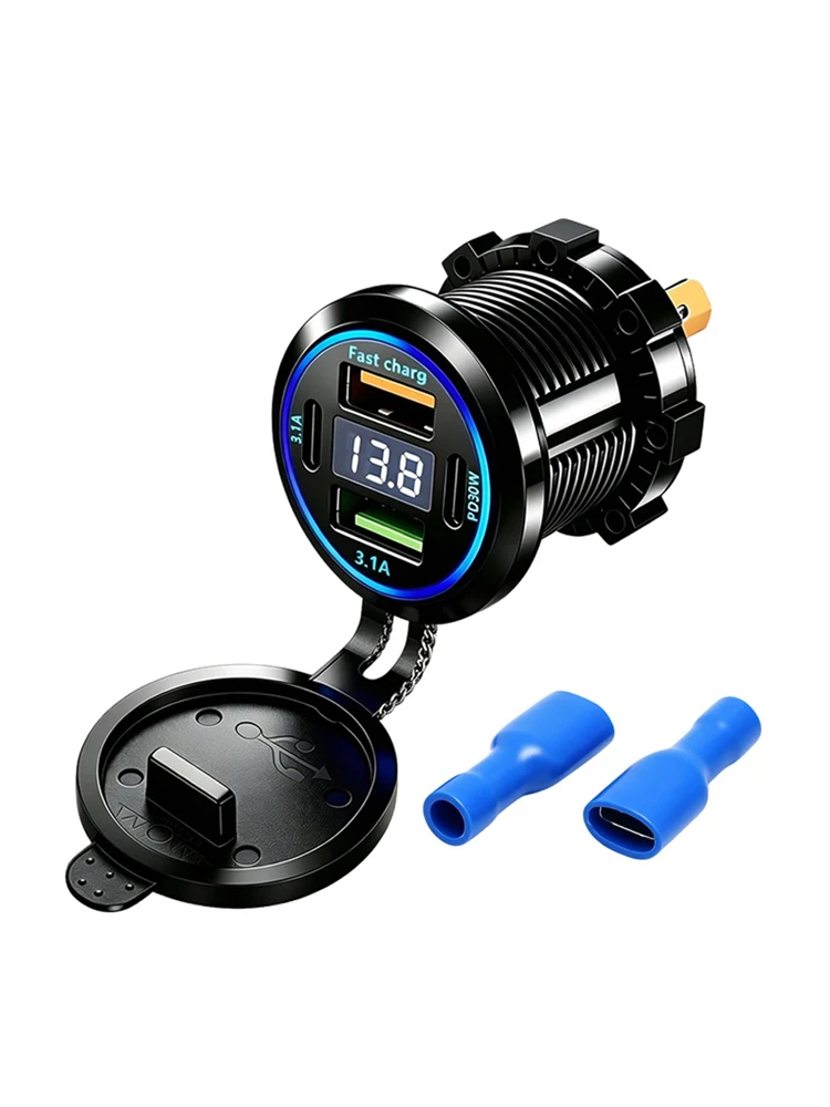 83W Auto-Ladegerät Schnellladestation Dual USB+Typ-C PD30W Anschluss Telefon-Stromadapter mit Voltmeter für Motorrad LKW Boot