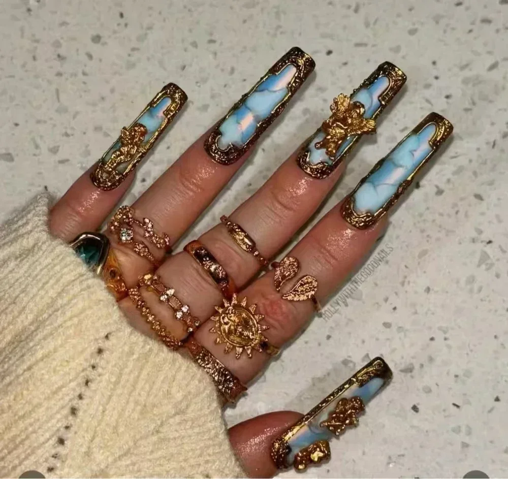 

10Pcs Handmade High-End Vip Custom Press On Fake Nails Long Coffin Acrylic Fake Nails Cartoon Gothfrench Nail Party Sticker