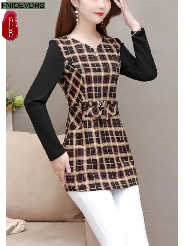 Hot Sales Women Retro Elegant Office Lady Vintage Plaid Shirt Loose Peplum Tops Belly Long Tunic Basic Shirts Blouses