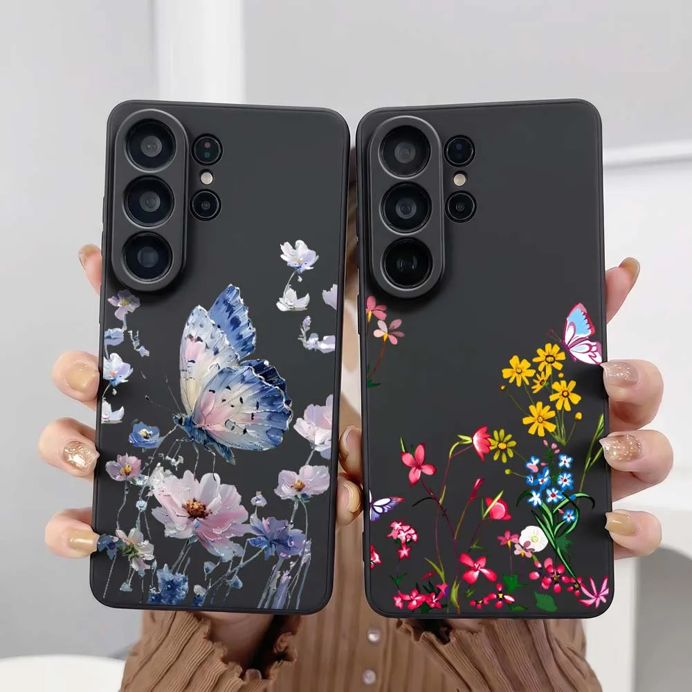 

Cartoon Flower Butterfly Phone Case For Samsung Galaxy S26 S25 S24 S23 S22 S21 S20 Pro Edge Ultra Plus FE 5G Black Cover
