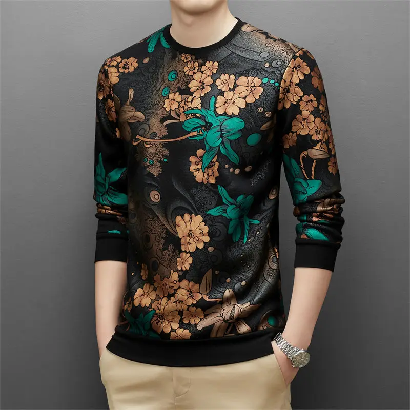 Fall Winter Flower Sweater Printed Round Neck Long Sleeve Unusual Stylish Mens Clothing Large Size Pullover Jumper For Mens Top