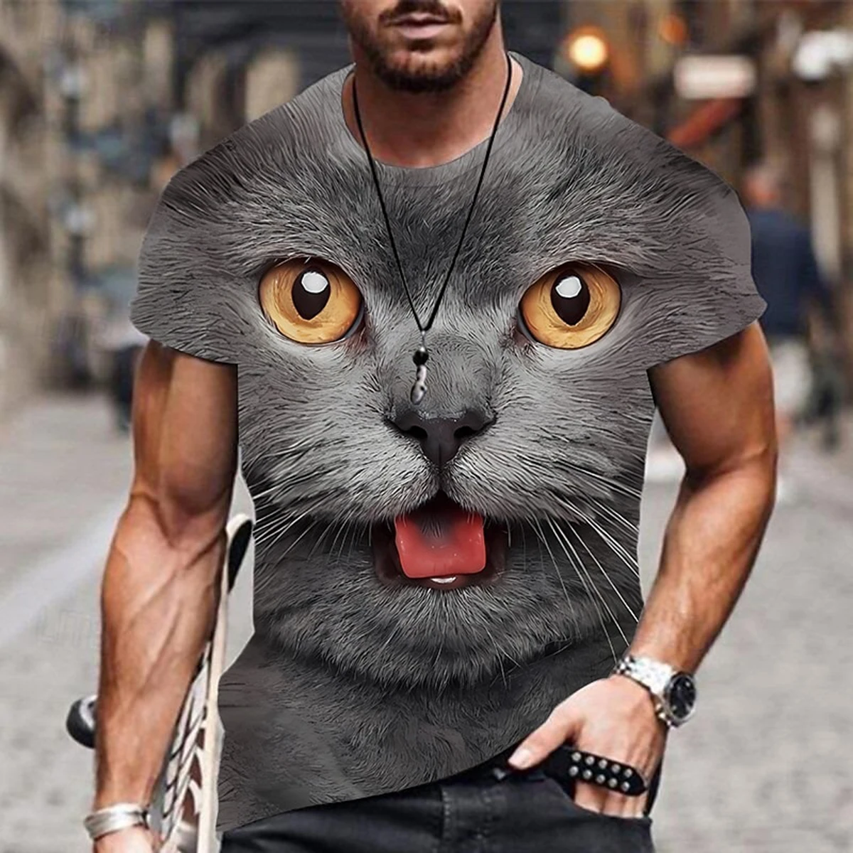 Men Black Lion Face Print T Shirt Gothic Streetwear Short Sleeve Graphic Tee Casual Fashion Top
