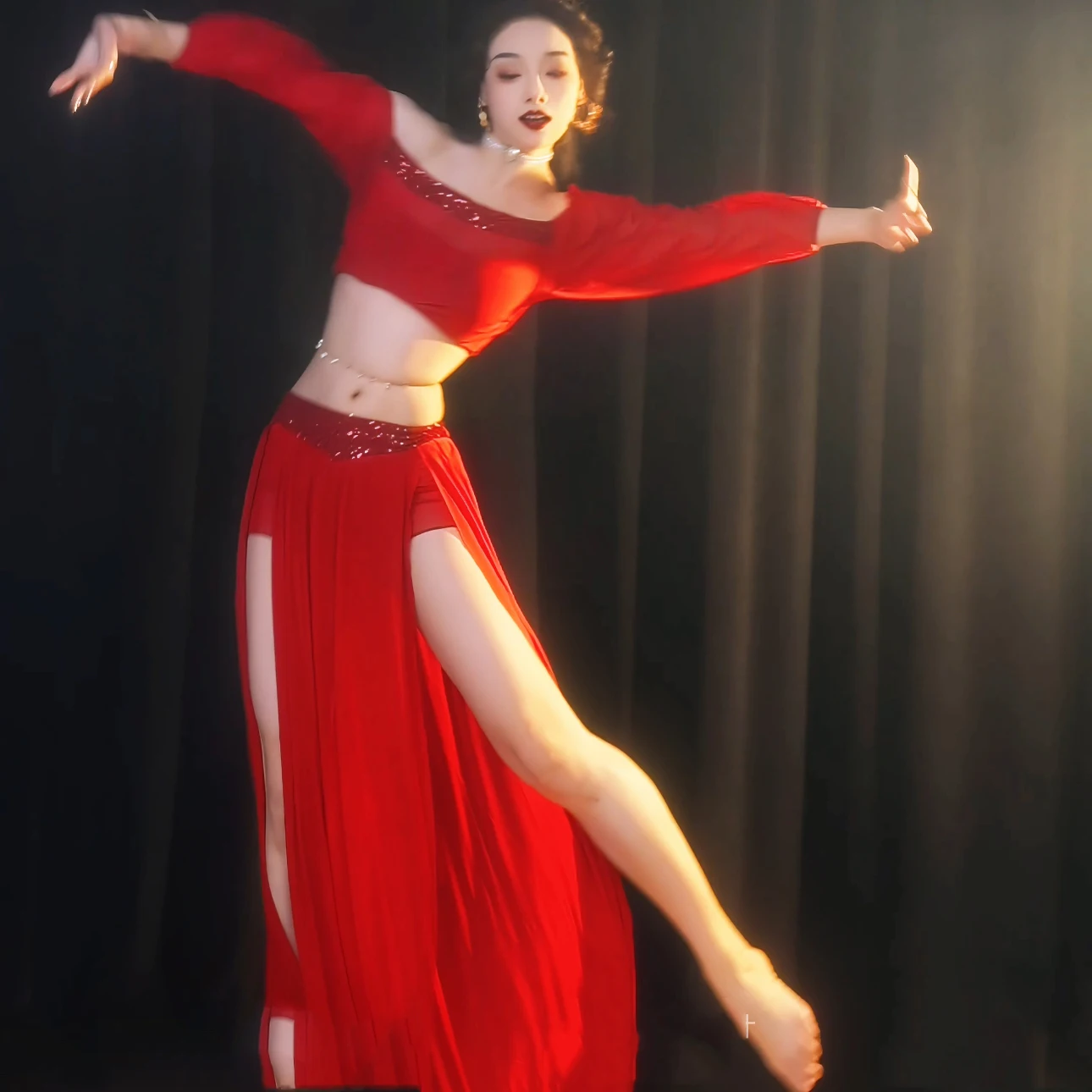 مجموعة أداء الرقص الشرقي بلوزة بأكمام طويلة مطرزة + تنورة طويلة مثيرة 2 قطعة ملابس ممارسة الرقص الشرقي للسيدات البالغات