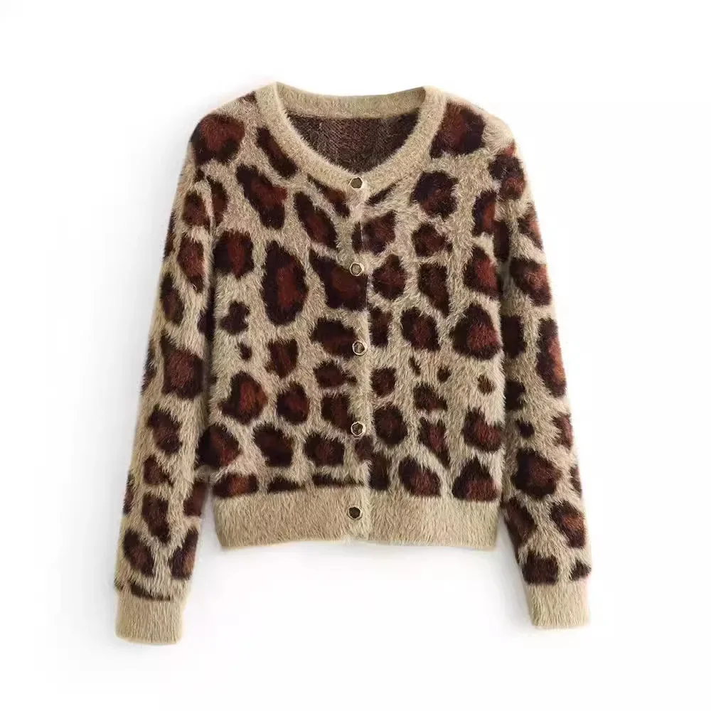 2024 Cardigan for Women Knit Wear Leopard Knitted Luxury Cardigan Sweater Women Outerwears Vintage Long Sleeve Bomber Jackets