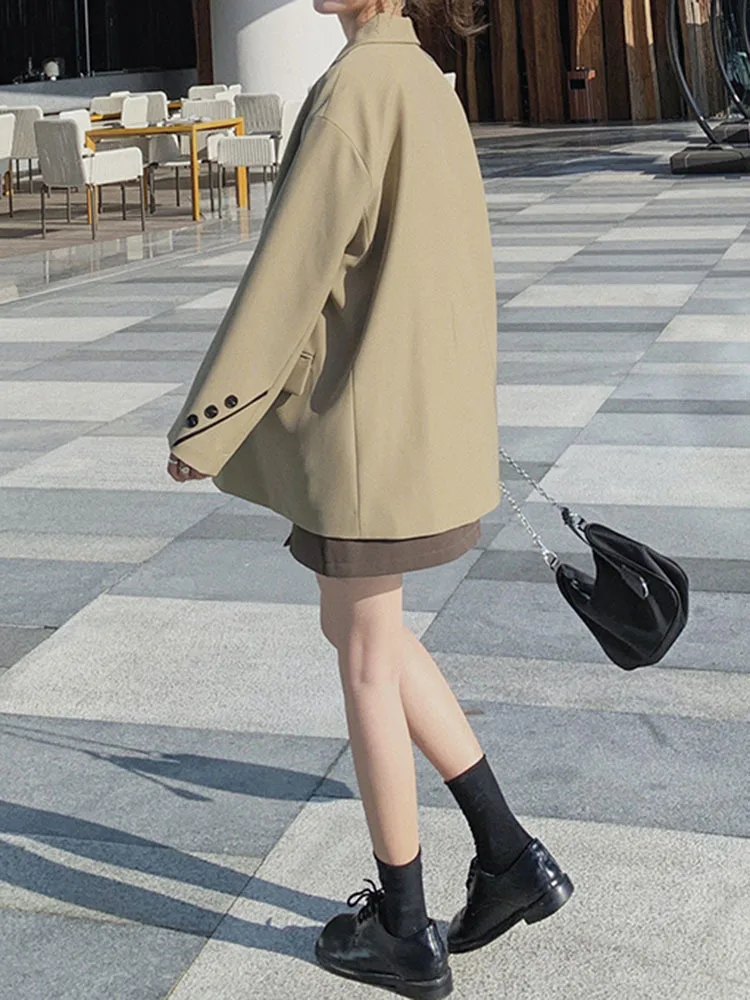 [EAM] Women Khaki Double Breasted Big Size Elegant Blazer New Lapel Long Sleeve Jacket Fashion Tide Spring Autumn 2025 1DH6252