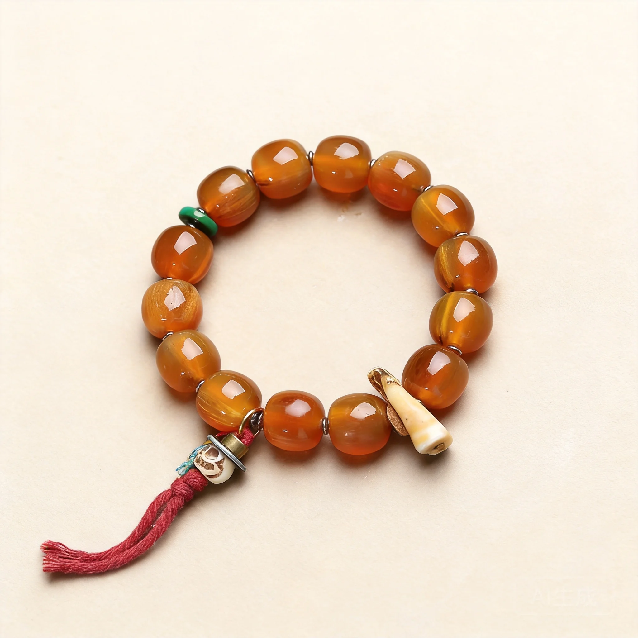 Chinese Style Natural Tibetan Horn Beaded Single Loop Bracelet Hand Carved Citipati Pendant Tassel Lucky Blessing Wealth Attract