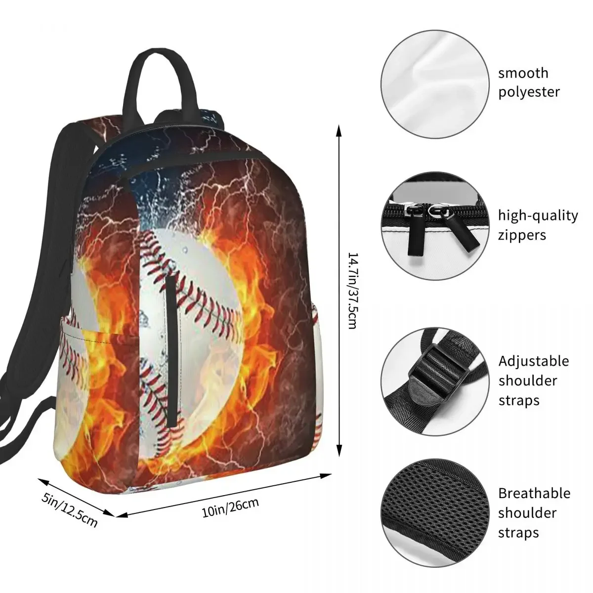 Baseball In The Fire And Water Backpack Student BookBag Kids School Bag Computer Shoulder Bags Boys Girls