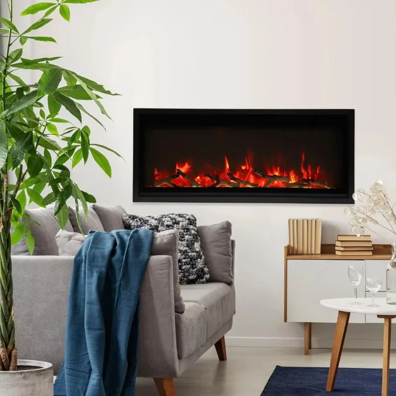Moderner elektrischer Kamin aus Stahl zur Wandmontage, eingebettetes Design, Fernbedienung, englischer Betrieb, integrierter US-Stecker für den Innenbereich