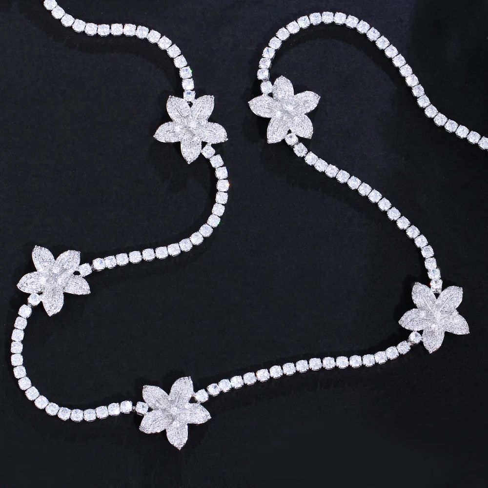 ThreeGraces New Trendy Cubic Zirconia Silver Color Flower Shape 82cm Long Sweater Necklace for Women Bridal Party Jewelry PN157