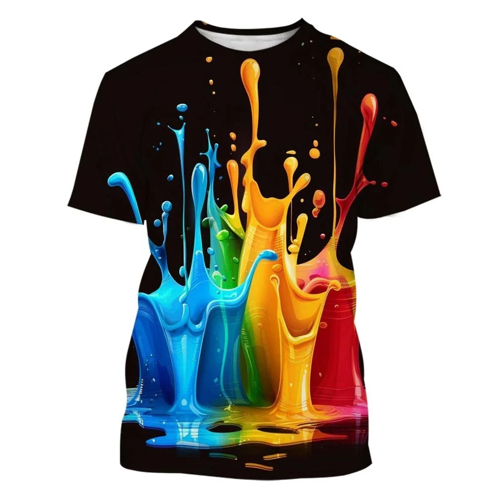 Kreatives, individuelles Hip-Hop-T-Shirt mit mehrfarbigem Tintenfleck-Muster, 3D-Druck, atmungsaktiv, für Männer und Frauen, Streetwear, lässig, trendig, Kinderoberteil – Detail 5