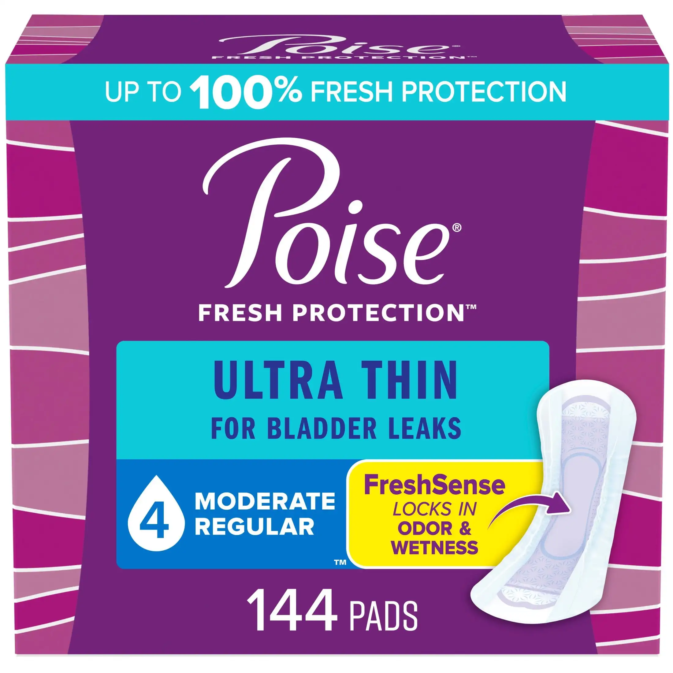 

Ultra Thin Incontinence Pads, 4 Drop Moderate Absorbency, Regular Length, 144 Count
