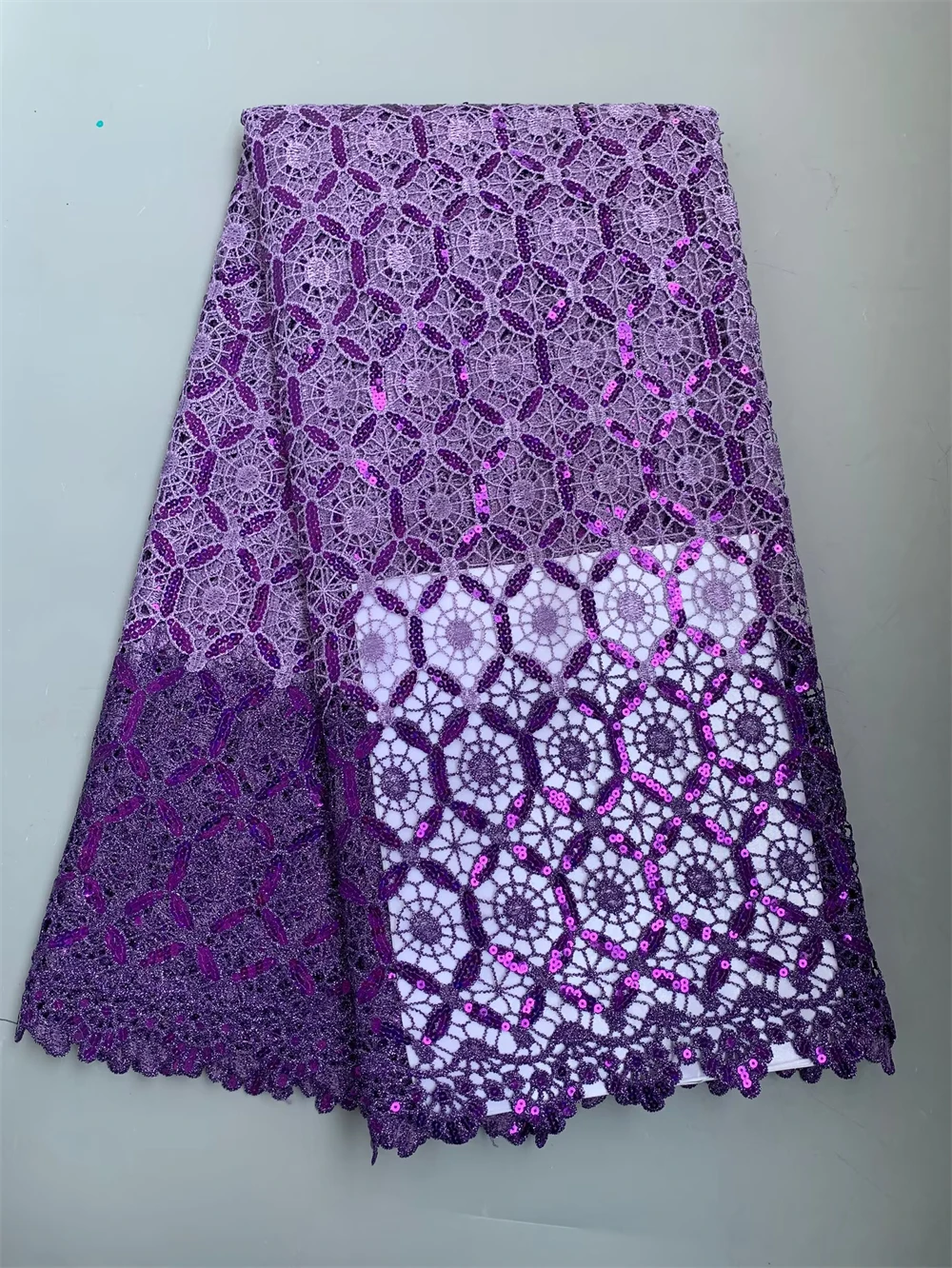 

African Guipure Embroidery High Quality Purple Cord Lace With Sequins For Women Party Dress 5 Yards