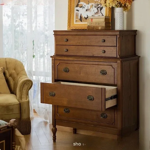 KSolid wood chest size apartment bedroom locker French retro living room five pumping storage side cabinet