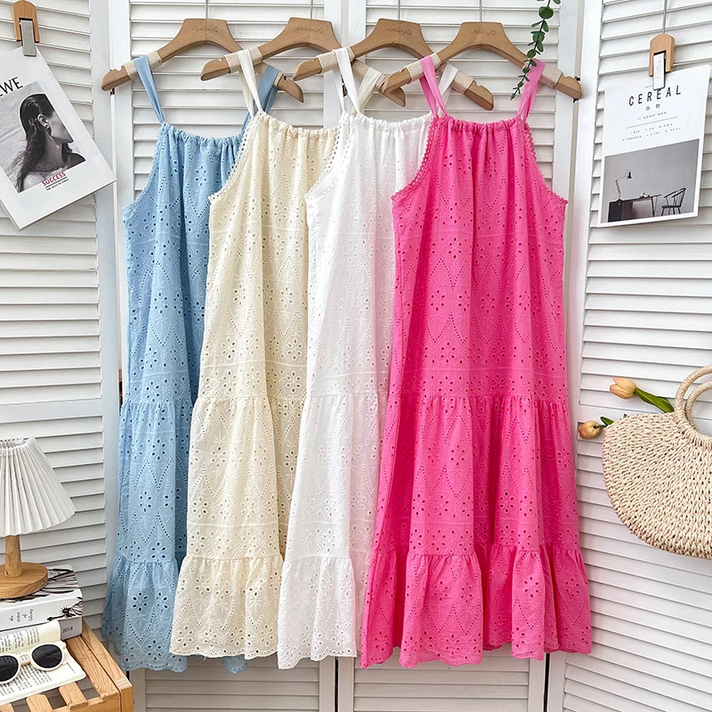 

Temperament Versatile Embroidery Hollow Out Spaghetti Strap Dress for Women Summer Sleeveless Ruffles Long Vacation Dresses