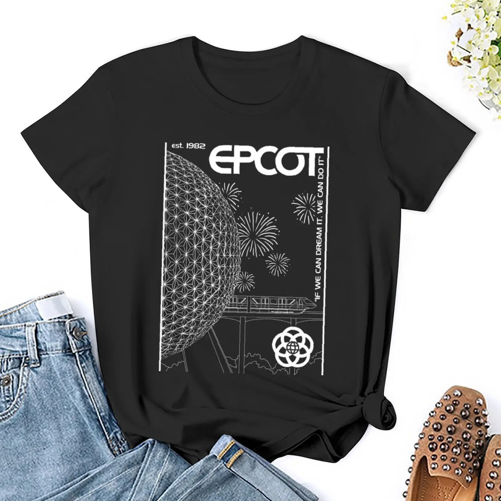 Centro Epcot. T-shirt gráfica vintage para mulheres, roupas simples, tamanhos extras