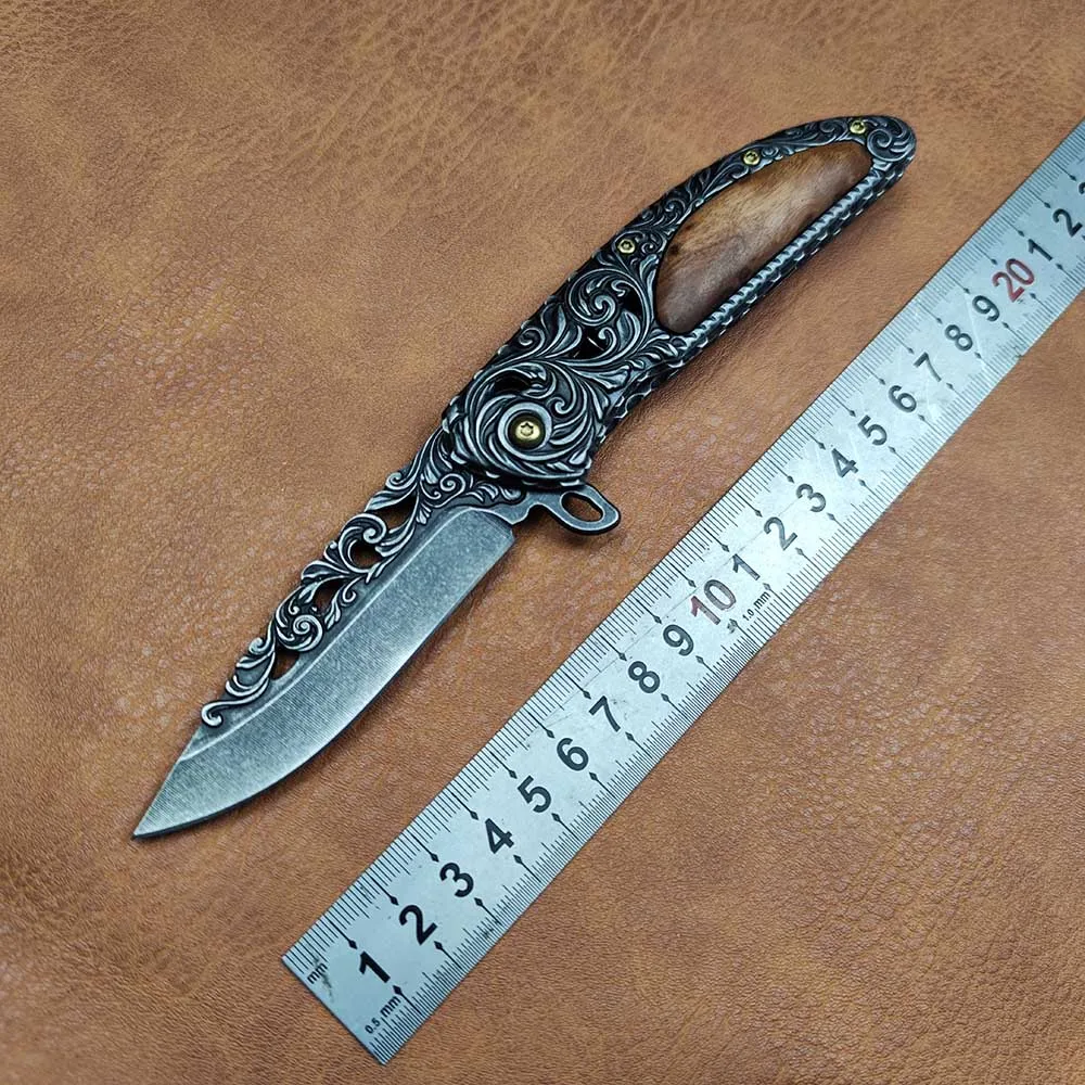Self-defensed Survival Pocket Tools Heavy Duty Gift High Hardness Fold Blade Knife, Engraved Pocket Knife , Stone wash
