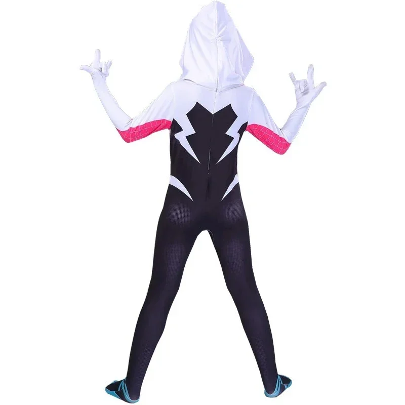 Halloween  2025 Meisjes Gwen Stacy Kostuum Anime Superheld Spider Gwen Cosplay Zentai Bodysuit Paarse Mantel Halloween