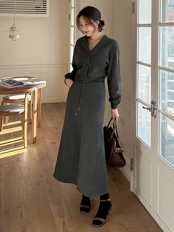 

Dongda Gate Lazy Loose V-ne Fce-lined Hoodie Jaet Women's Elastic Waist Dstring Split f Skirt Set Casual Faion