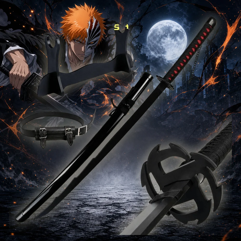 40inch 101cm Katana Sword Bleach Ichigo Kurosaki Tensa Zangetsu Black Blade Anime Cosplay Costume Prop Wood Bamboo Samurai Sabre Schwert Ninja Katana Belt Holster Stand Holder Full Size Japanese Wooden Sword Toy Gift Collection Display Set