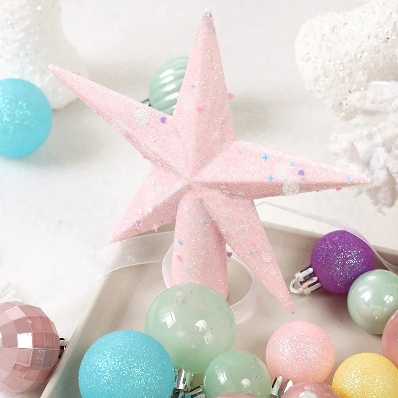 ชุดลูกบอลตกแต่งต้นคริสต์มาสสีรุ้ง1ชุดลูกบอลแบบแขวนดาวแตก + ท็อปเปอร์ต้นคริสต์มาส