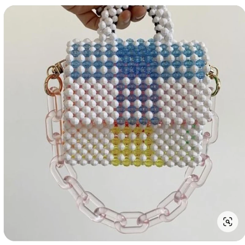 

Customized Crystal Beaded Bag New Ins Fashion Splicing Contrasting Color Design Chain Crossbody Bags Woven Summer Ladies Handbag