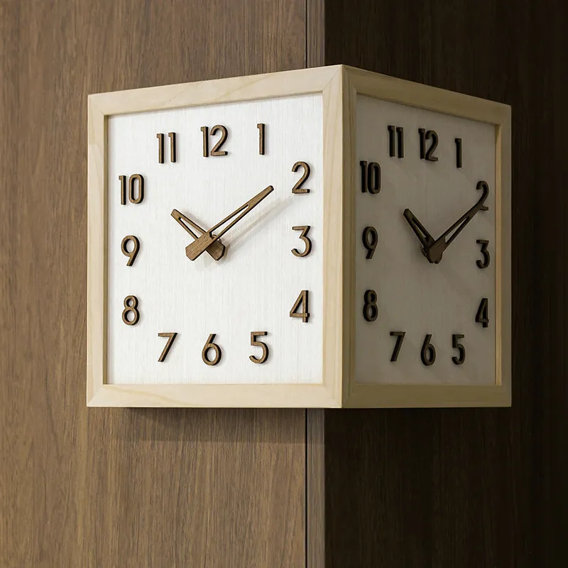 

Corner Wall Clock Solid Wood Double Sided Wall Watch Luxury Modern Silent Number Clocks Elegant Living Room Watches Room Decor