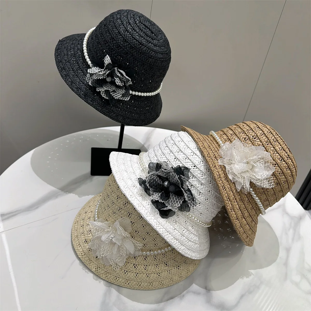

French retro summer straw weaving sunshade sunscreen straw hat seaside temperament pearl beach hat women's wide brim