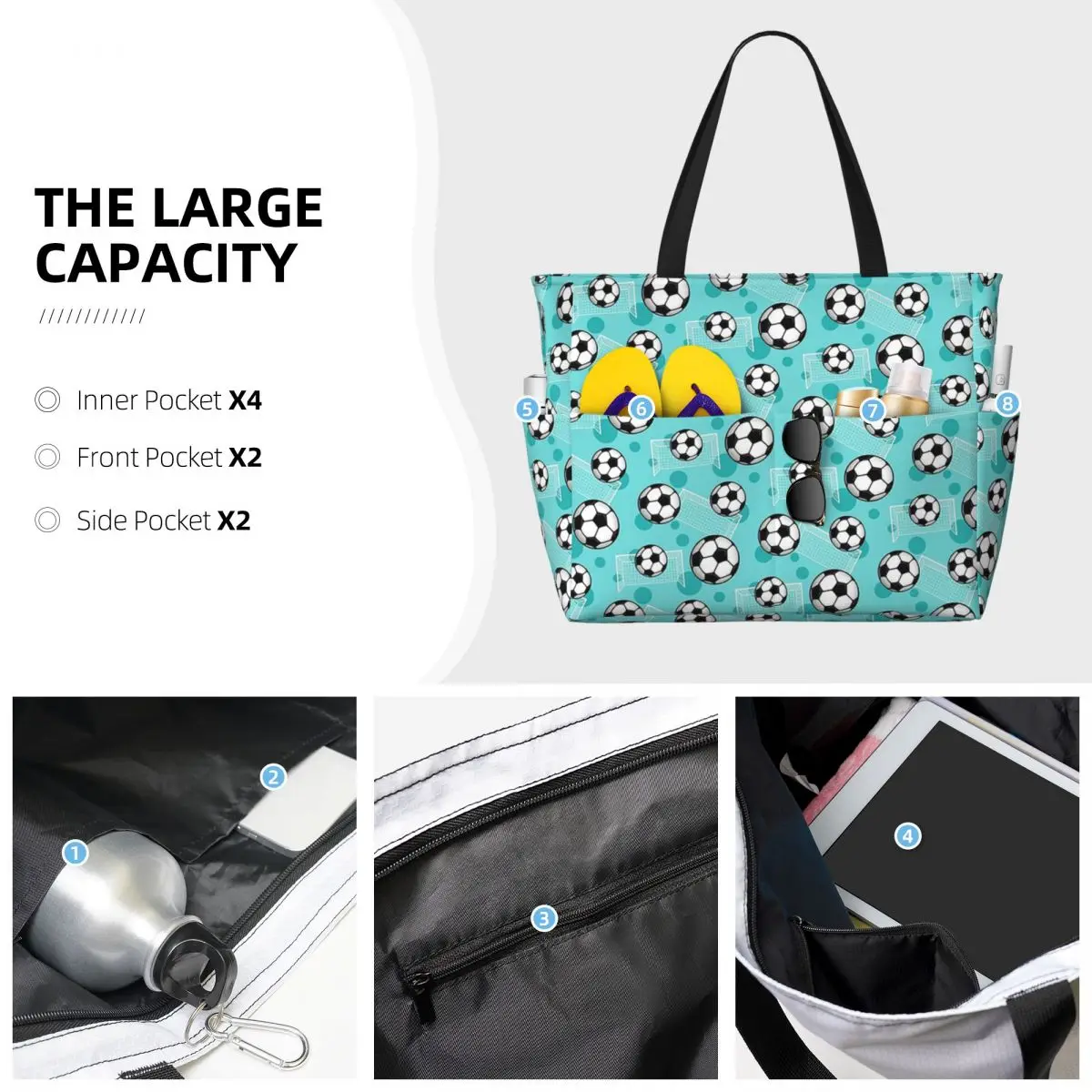 Soccer Ball And Goal Teal Pattern - Teal Soccer Beach Tote Bag Sport Gym Yoga Duffle Large Tote Bag Women Travel Bag Fitness bag