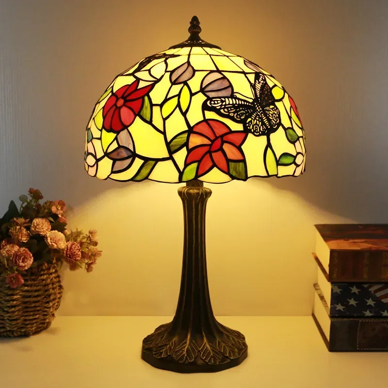 12 Inch 30cm Retro Manual Stained Glass Lampshade Tiffany Table Lamp Lampara De Noche Dormitorio